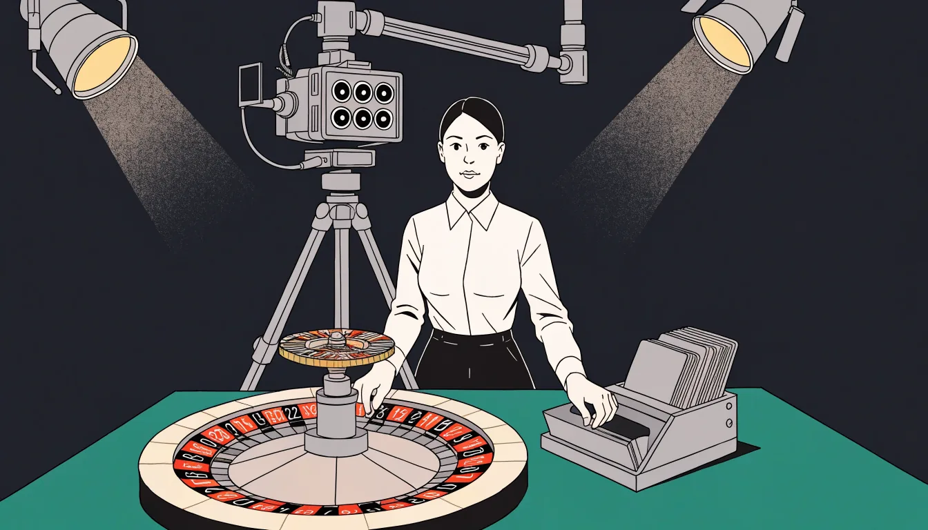 Live dealer at a roulette table inside a broadcast studio.