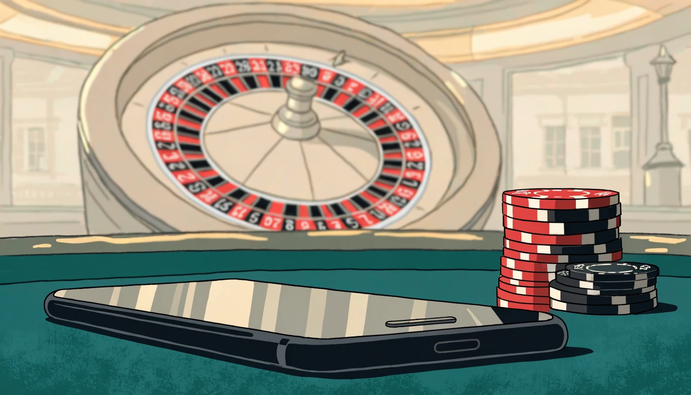 Smartphone on a casino table with chips and a roulette wheel in soft background light.