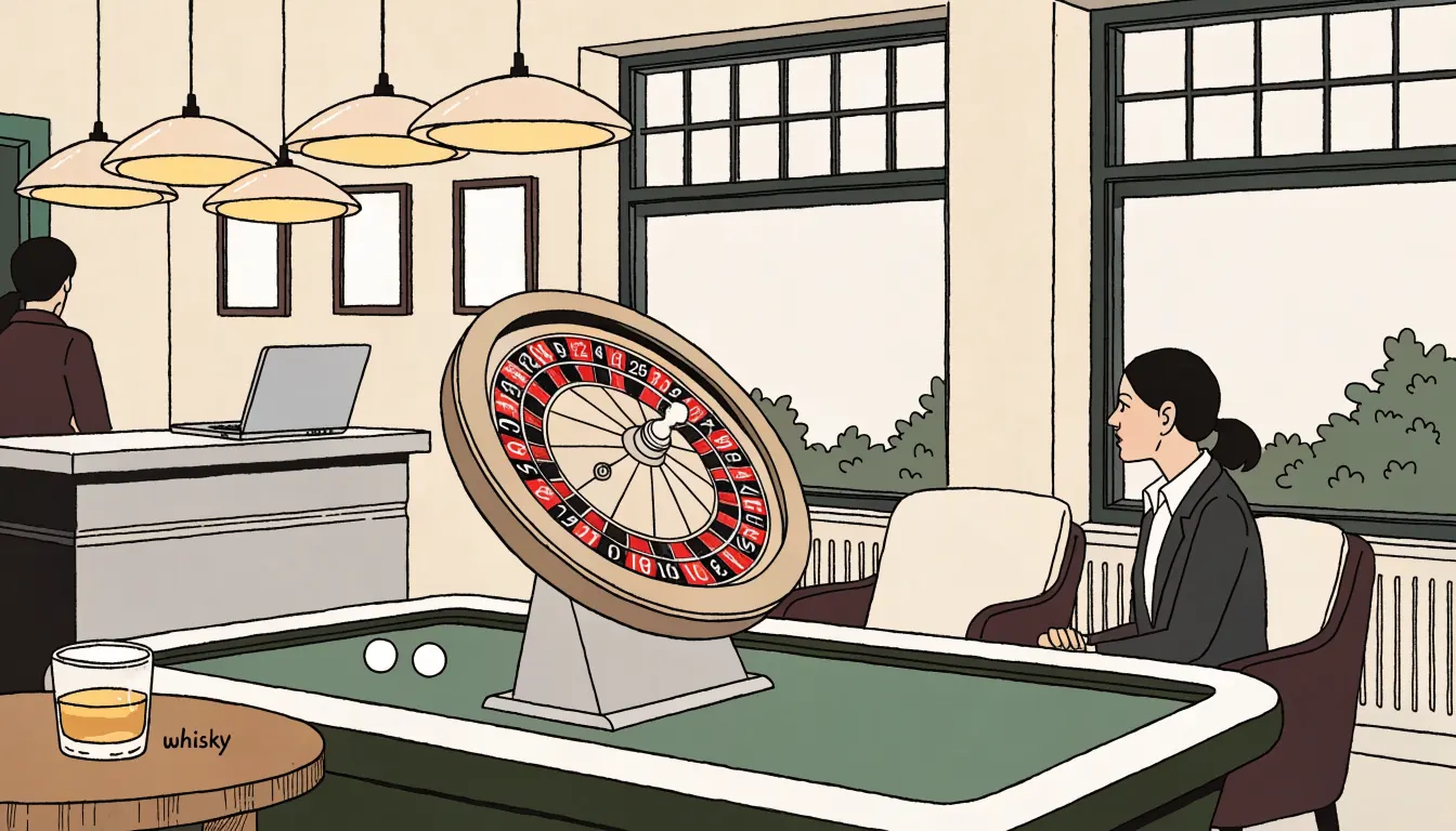 British casino lounge with roulette table and closed laptop