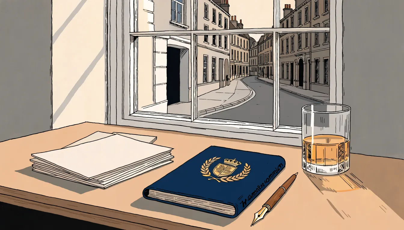 Leather notebook with UKGC crest on a wooden desk by a London window.
