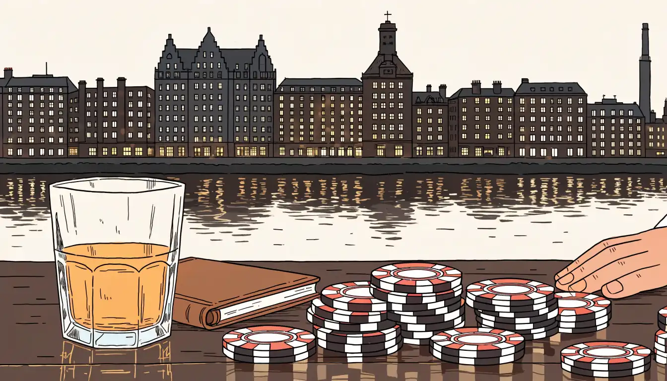 London skyline at evening with casino chips and whisky glass on a wooden table.