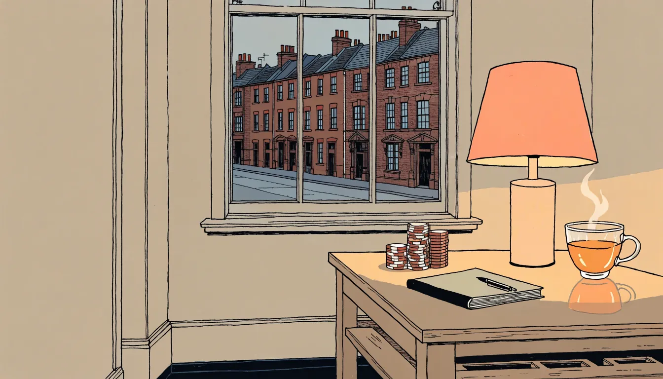 London flat interior at dusk with poker chips on a side table