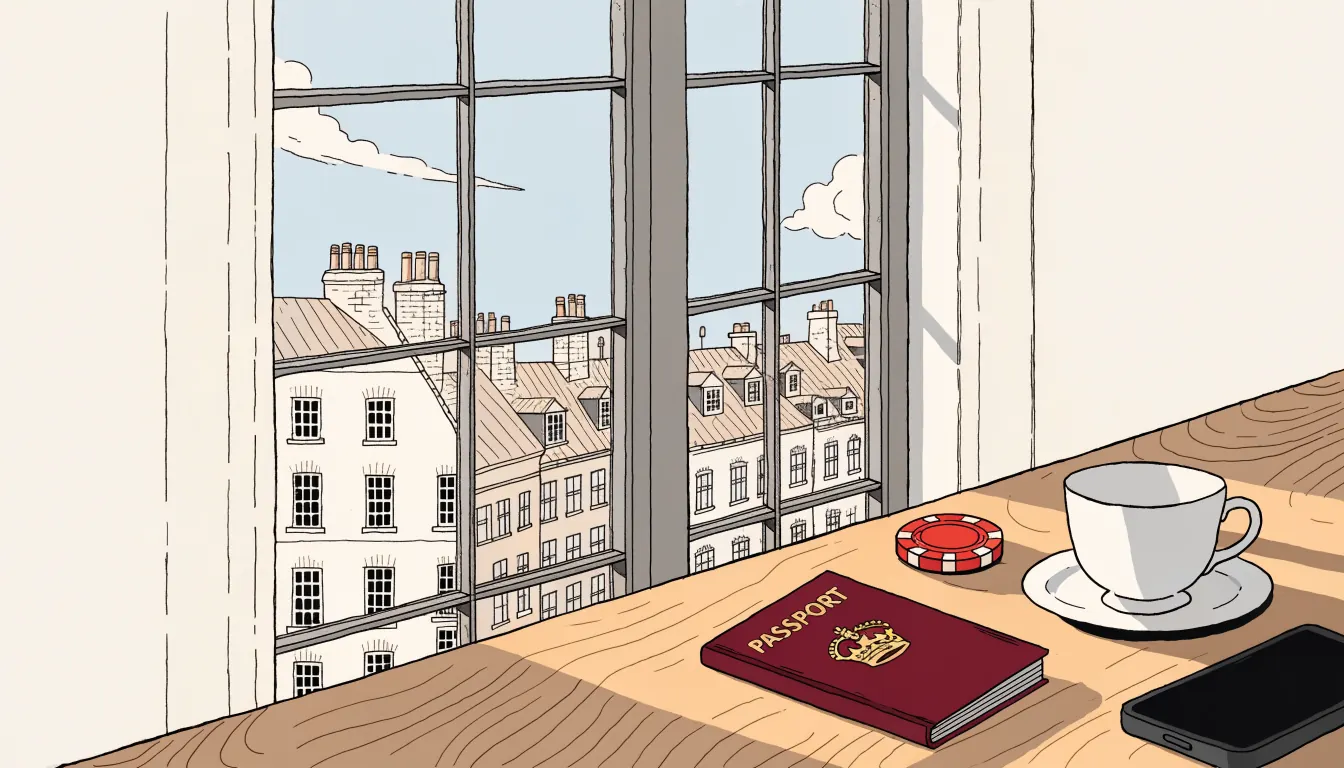 British passport, casino chip, teacup, and phone on wooden table by London window