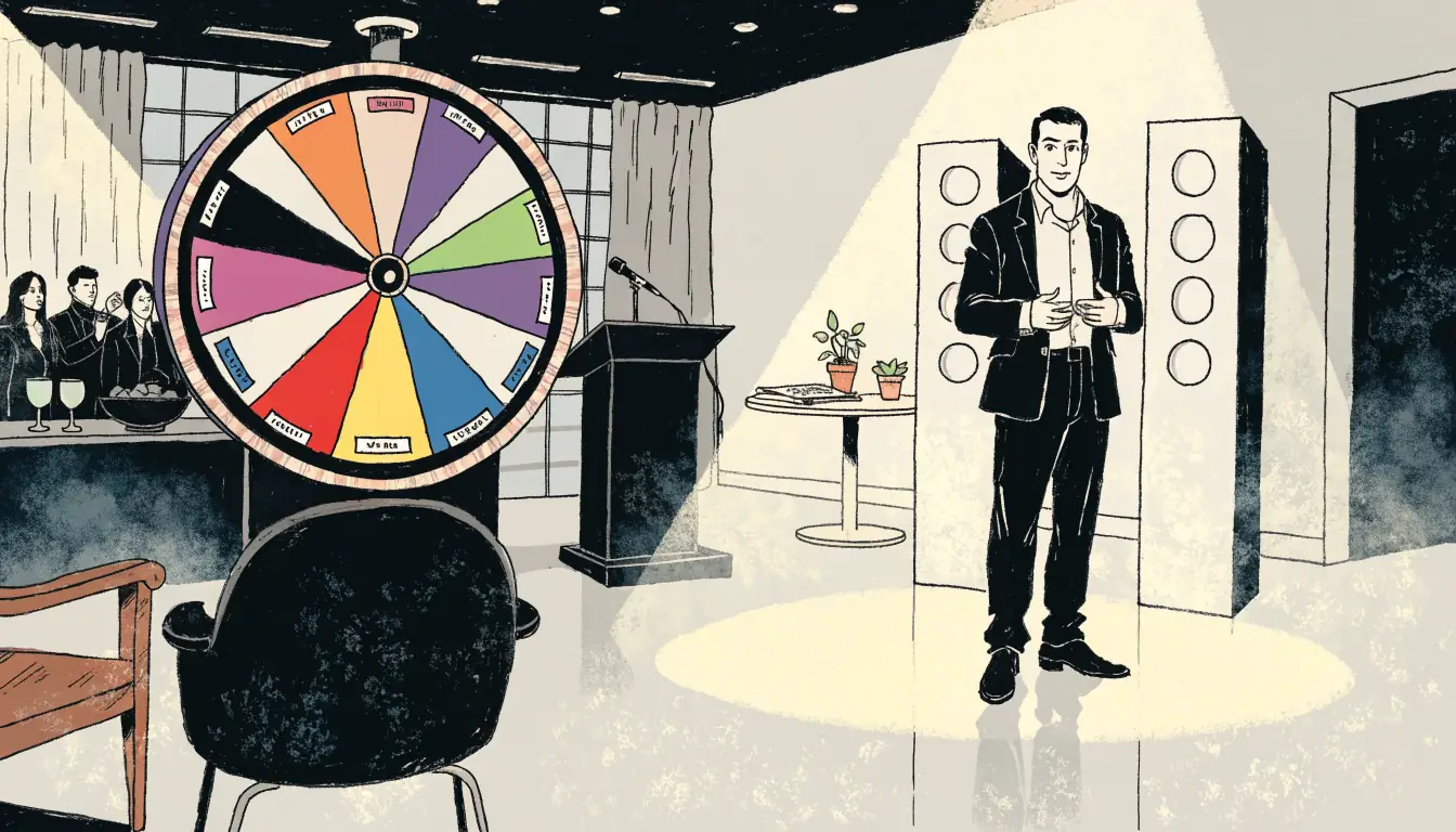 Live casino game show studio with host and spinning wheel