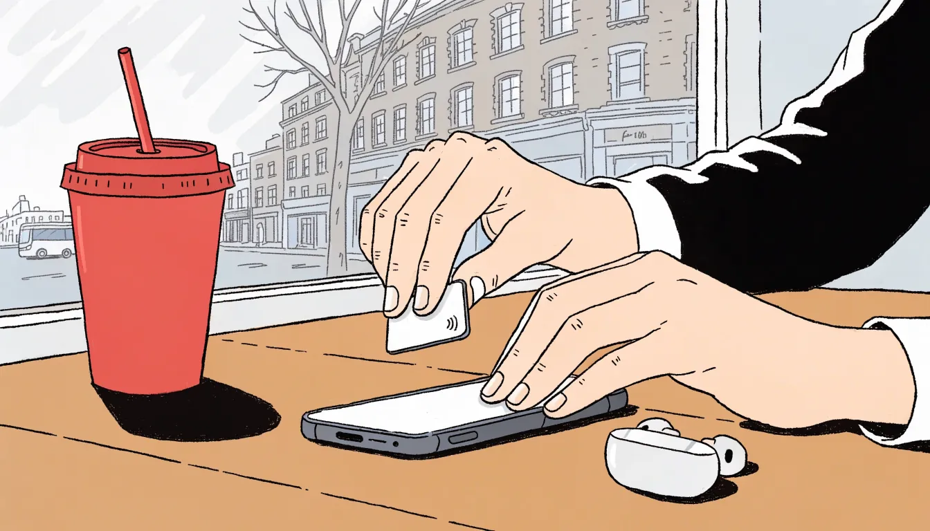 Hands holding a contactless bank card beside a smartphone on a London café table