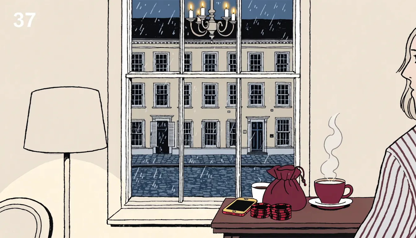 Face-down smartphone, casino chips, velvet pouch, and tea by a rain-streaked British window
