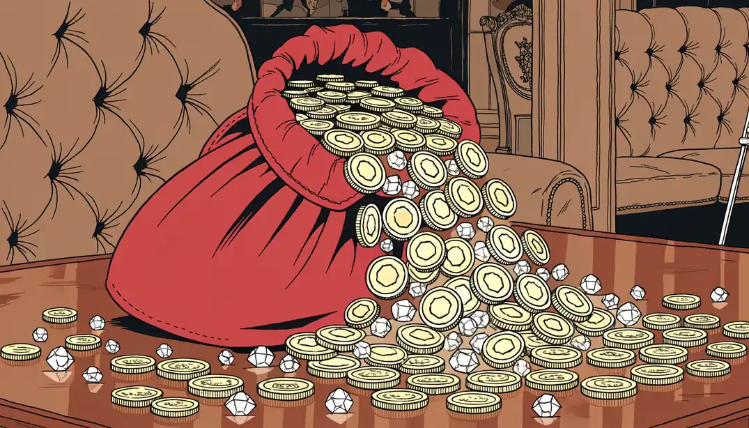 Gold coins and gemstones spilling from velvet pouch in an elegant British club interior