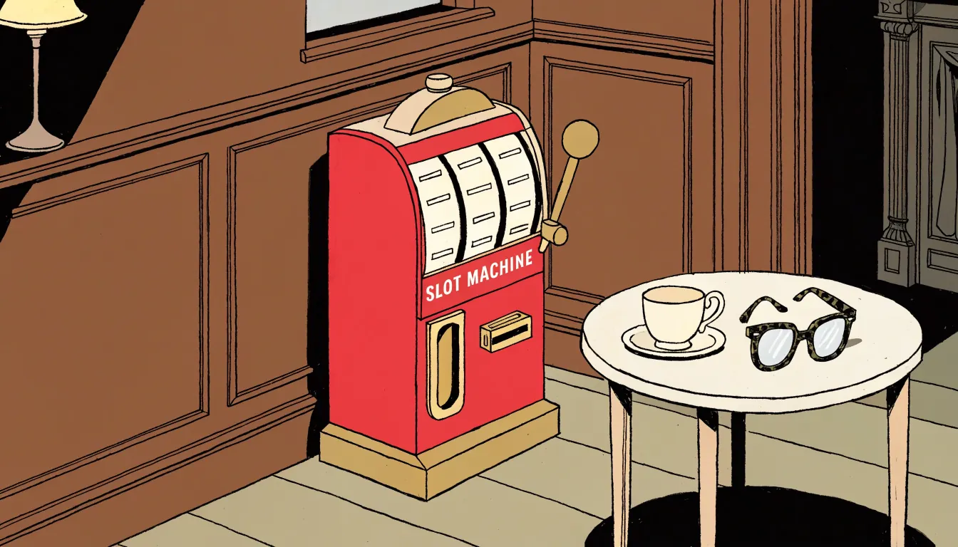 Vintage slot machine in a traditional British room with a teacup and glasses nearby.