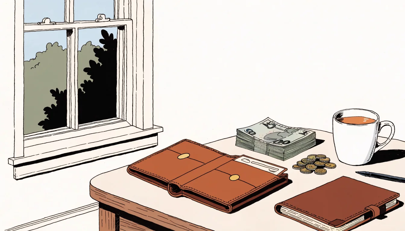 British pounds, coins, an open leather wallet, and a cup of tea on a wooden table.