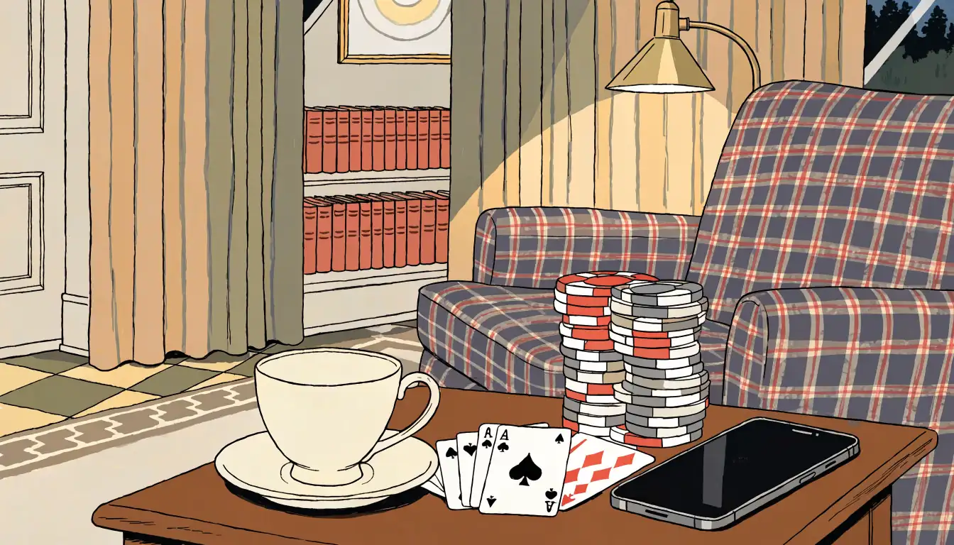 British evening living room with casino chips, playing cards, and face-down smartphone under warm lamplight.