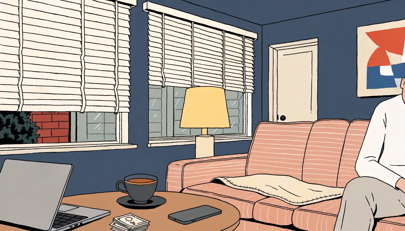 British home interior with closed laptop and tea, online gambling setting