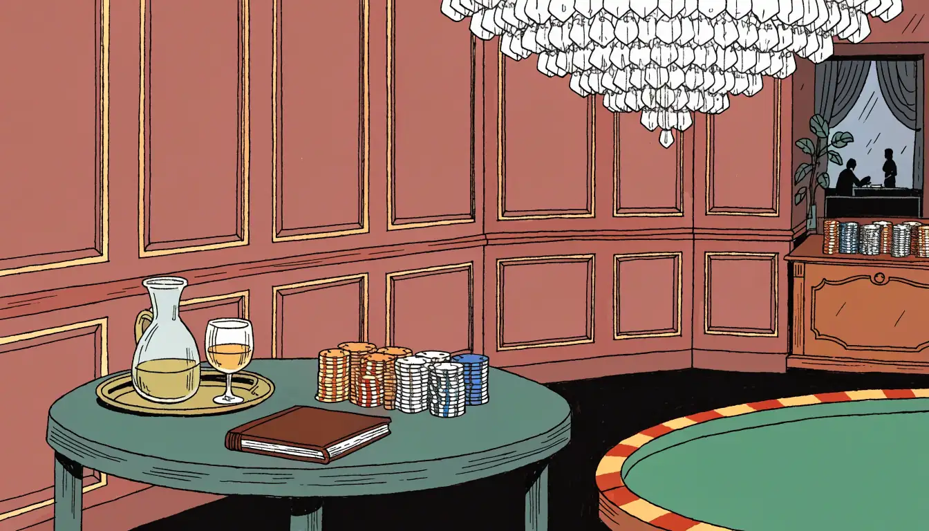 Elegant London club lounge with chips, warm amber lighting, and high-stakes atmosphere
