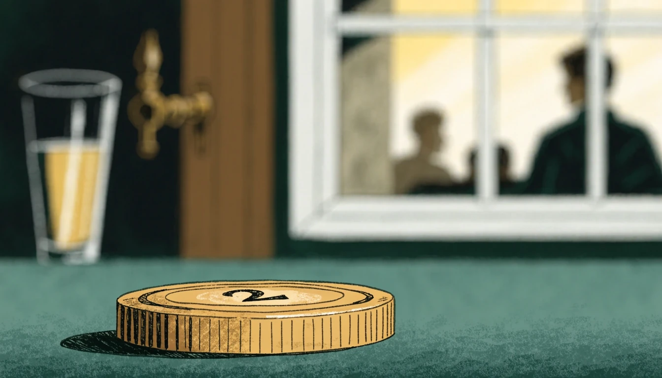 Casino chip on green felt with a British pub in the background