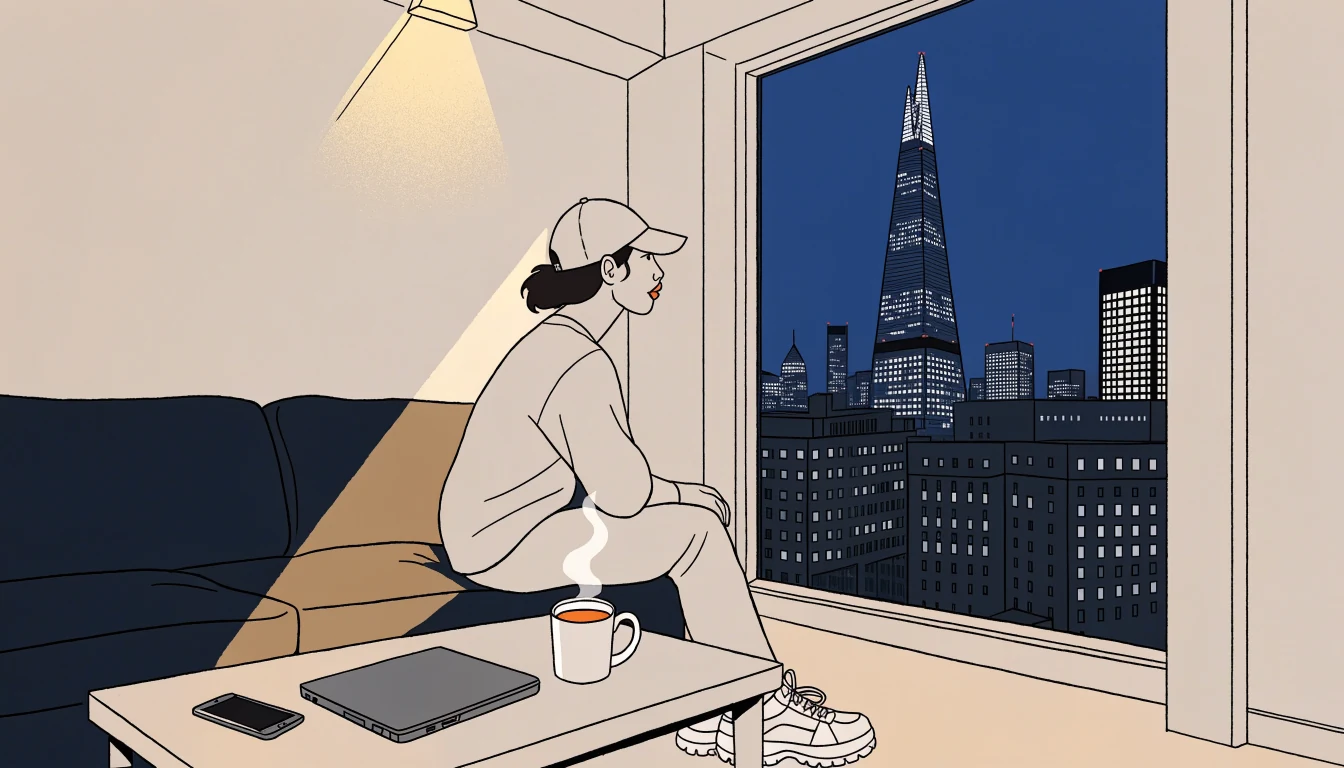 Person relaxing in a London flat at night with a closed laptop and tea, city skyline visible through the window.