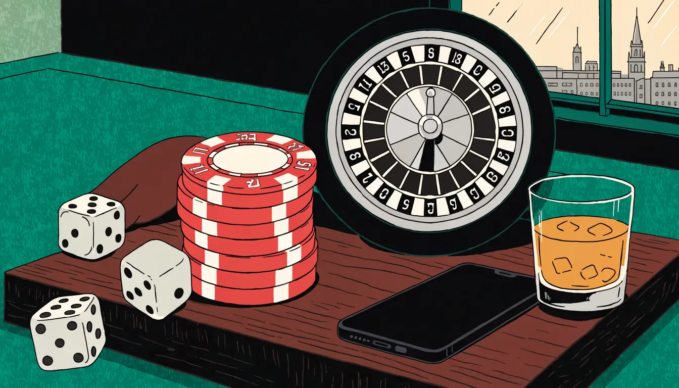 Casino still life with chips, dice, roulette, whisky and closed phone by a rainy London window.