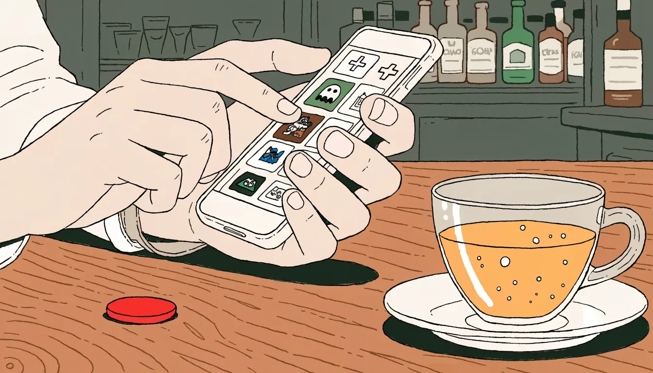 Hand scrolling phone in a British pub searching for Red Tiger slots.