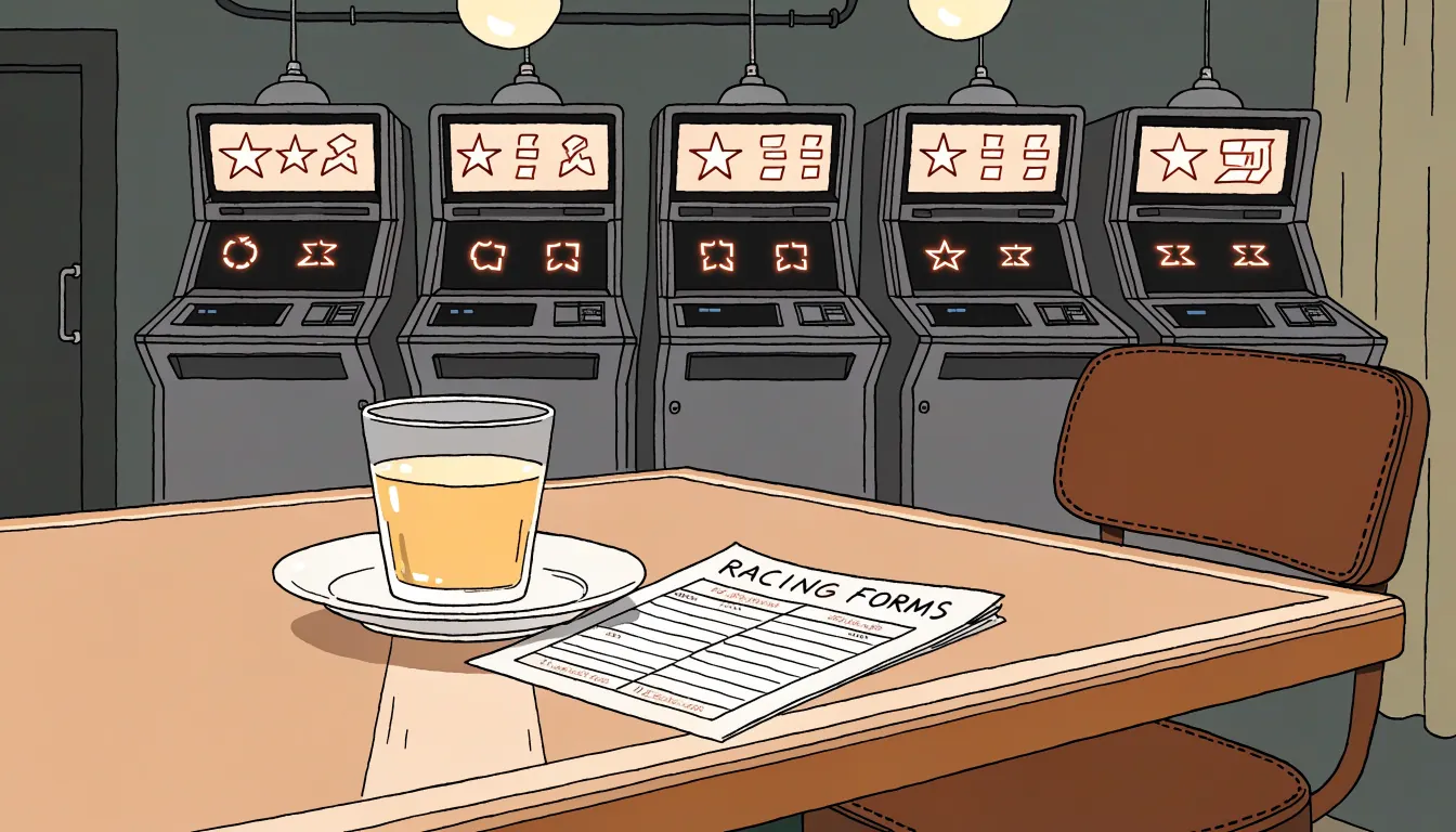 Slot cabinets glowing in a British betting shop interior with a tea glass on a wooden table.