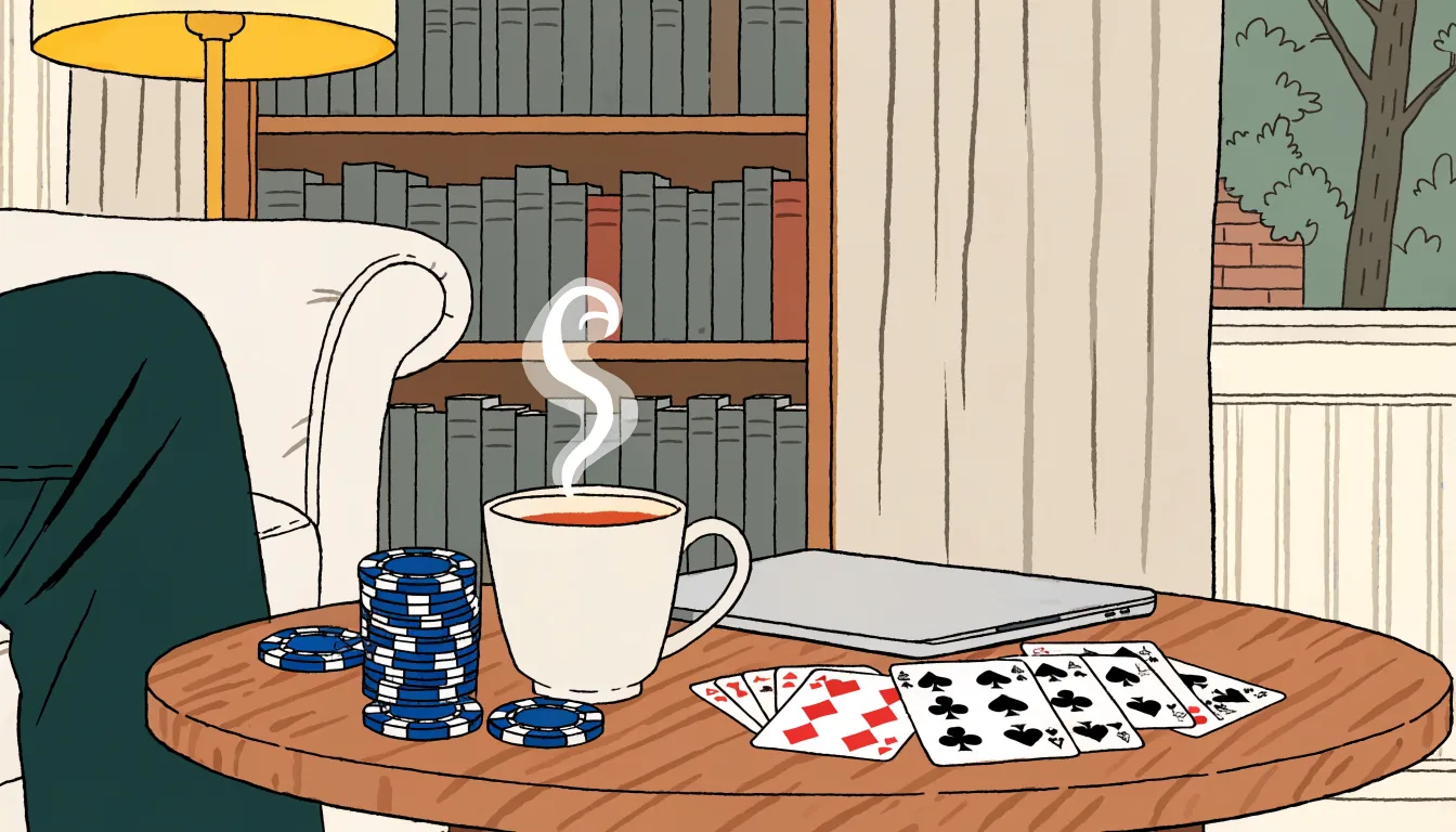 Casino chips and playing cards on a coffee table in a British living room