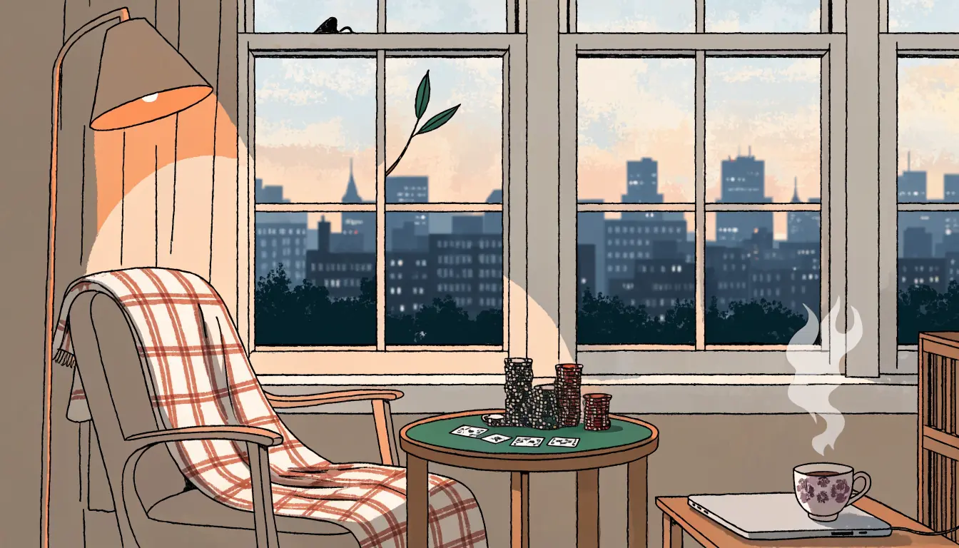 London flat at dusk with closed laptop, tea, and poker chips on a card table