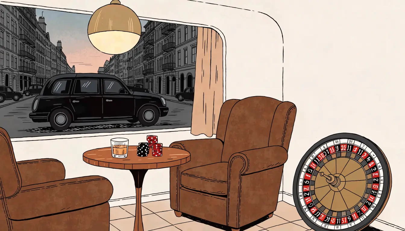 British lounge with casino chips, roulette wheel, and whisky glass