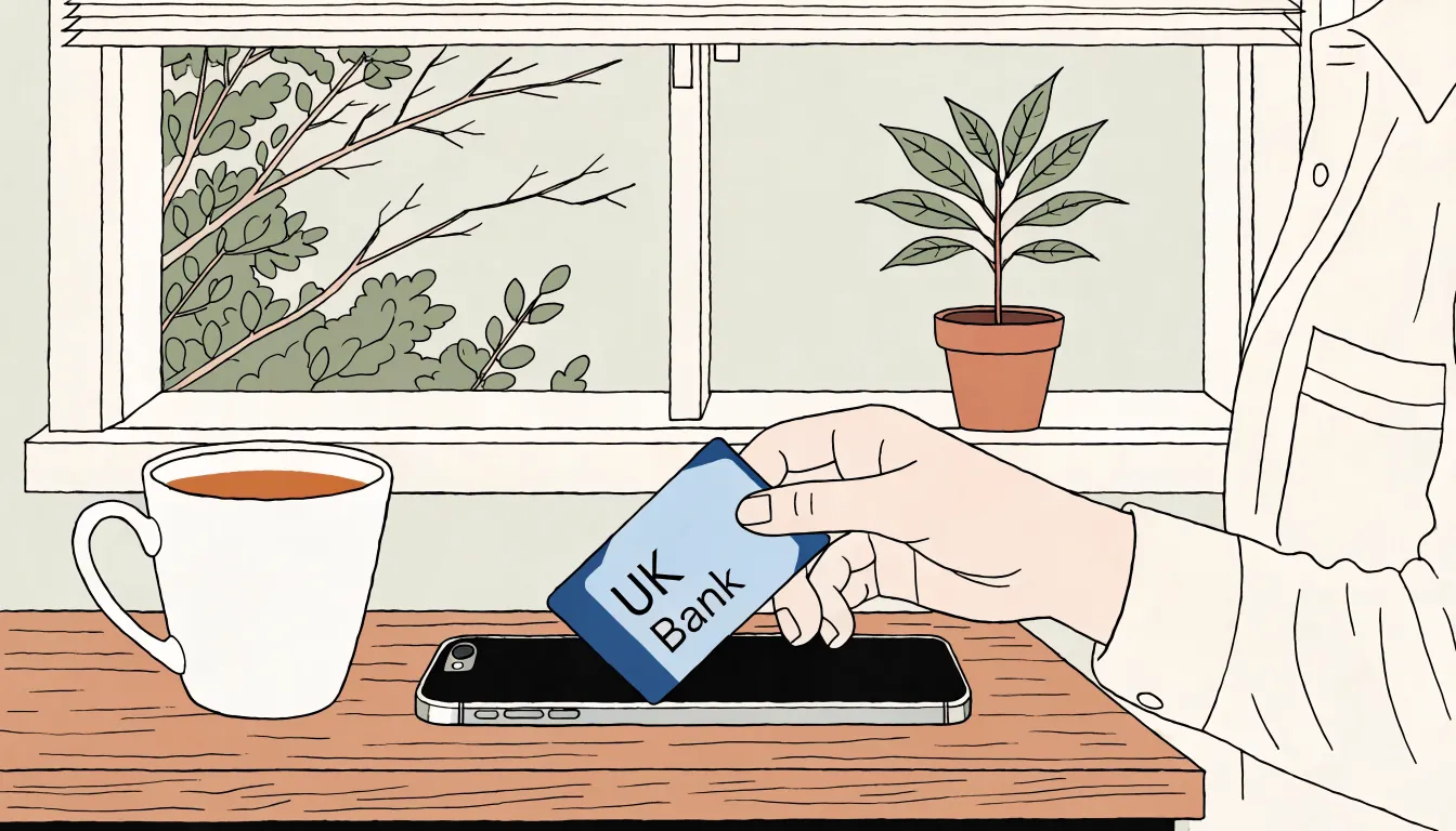 Hand holding UK bank card near a smartphone on a desk by a window.