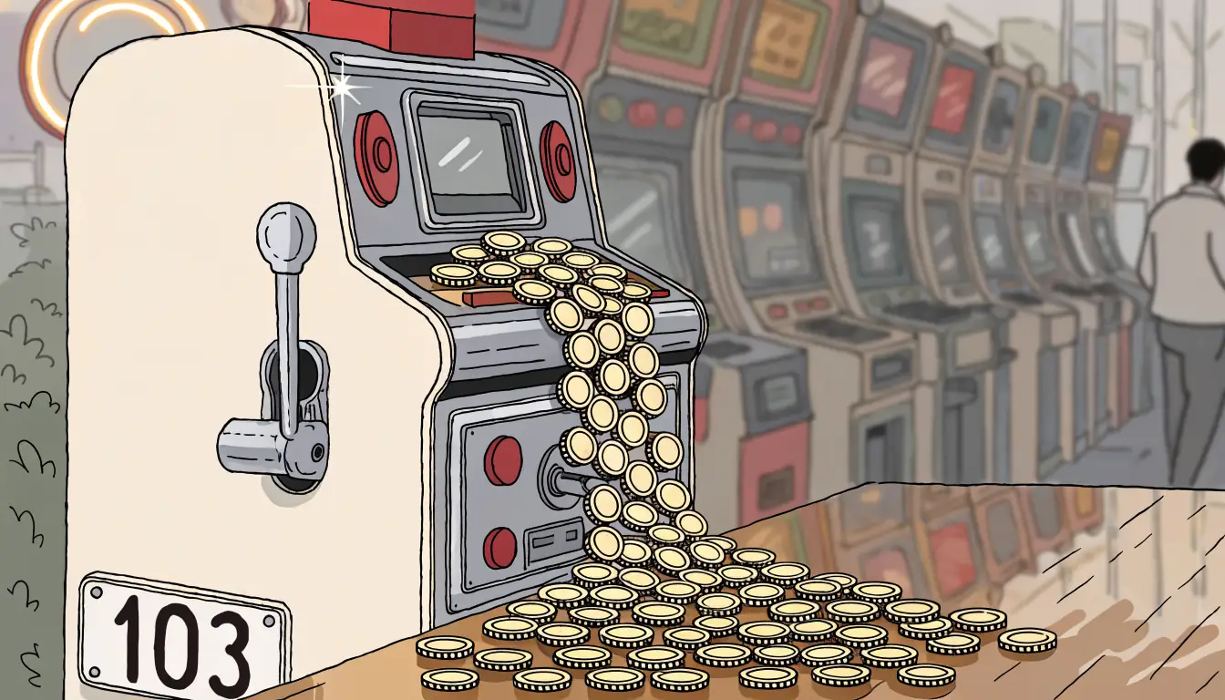 Gold coins spilling from a classic slot machine in a British seaside arcade.