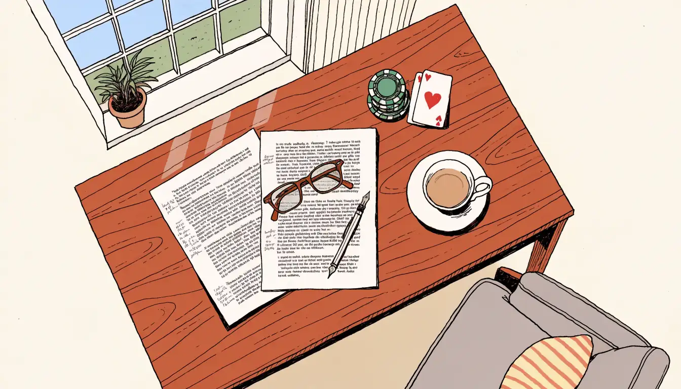Mahogany desk with reading glasses, papers, pen, casino chips, card and china teacup.