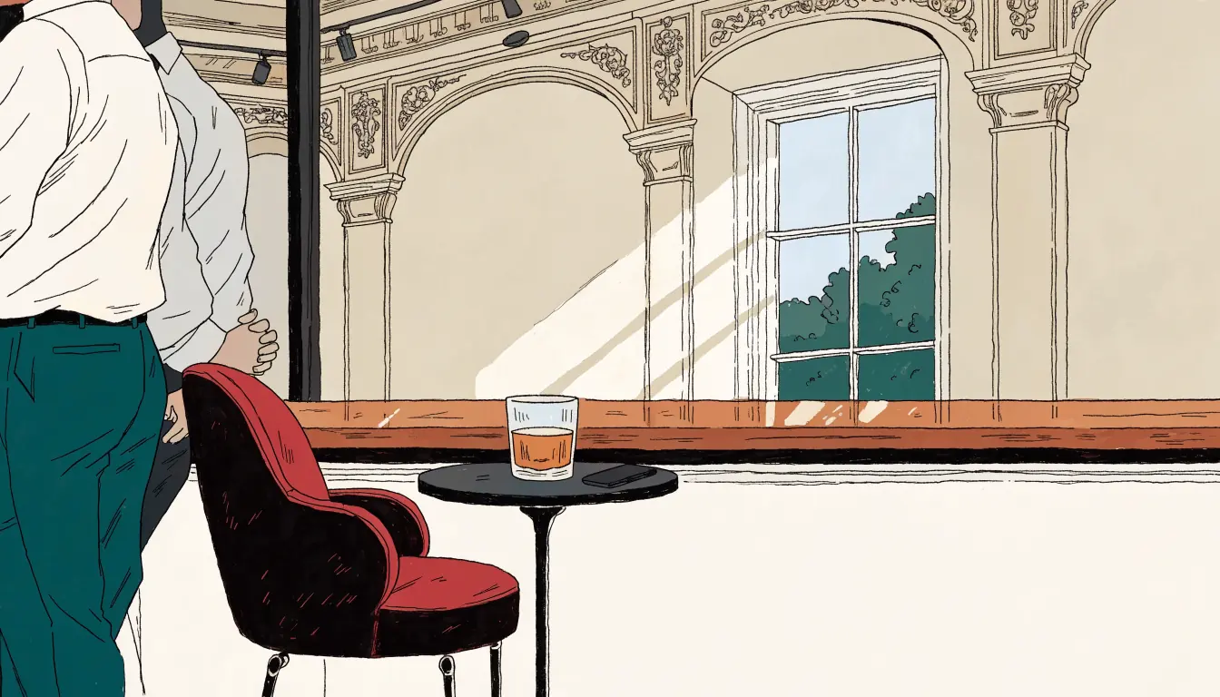 Elegant British casino lounge with a velvet chair, whiskey glass, and face-down phone on a table