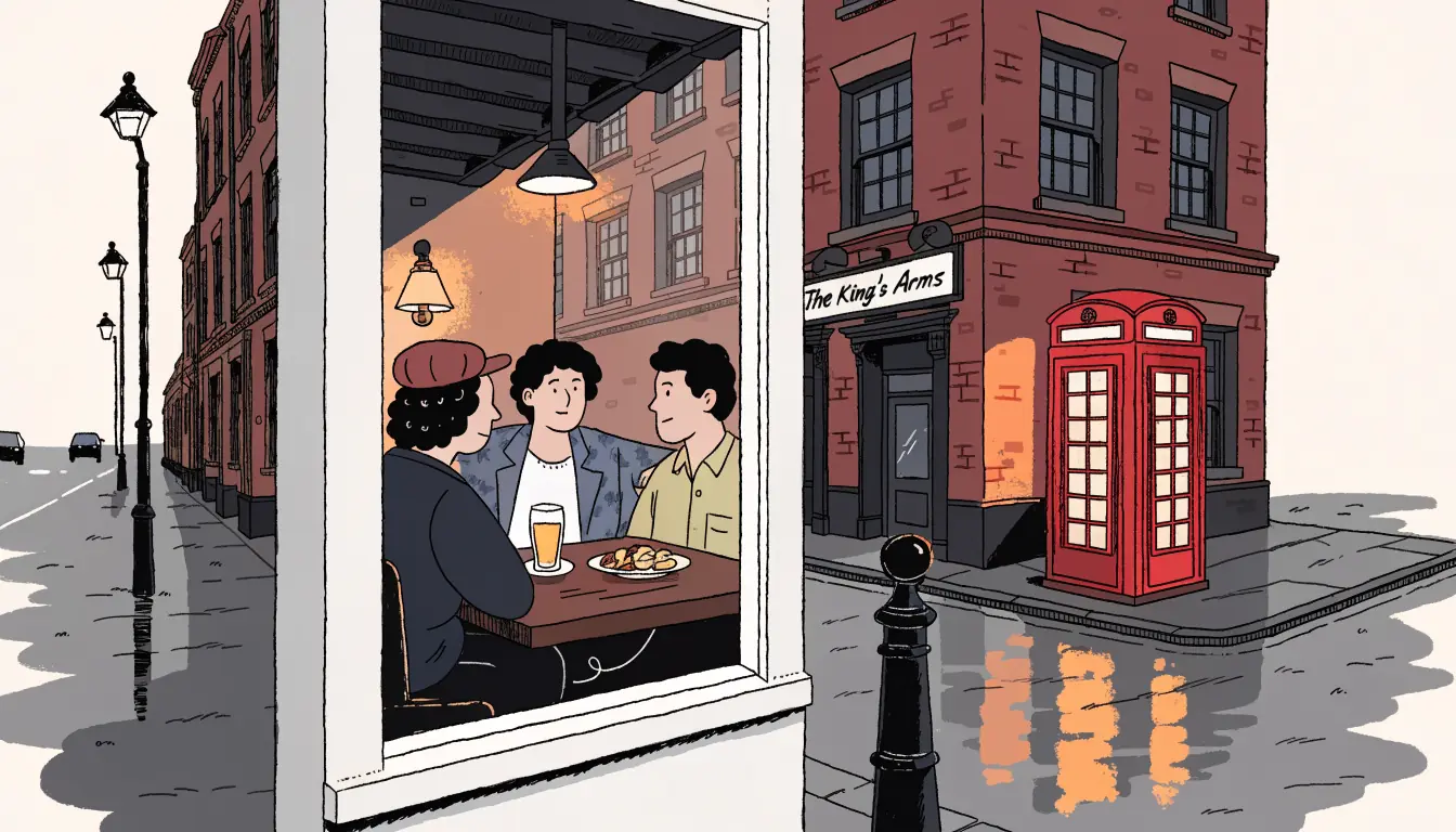 London pub corner at dusk with a glowing red telephone box, people chatting inside over drinks.