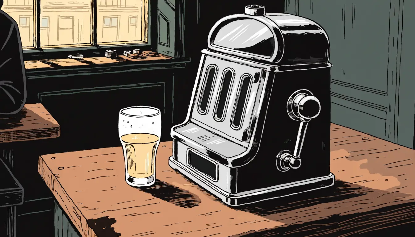 Classic slot machine on a British pub counter at evening