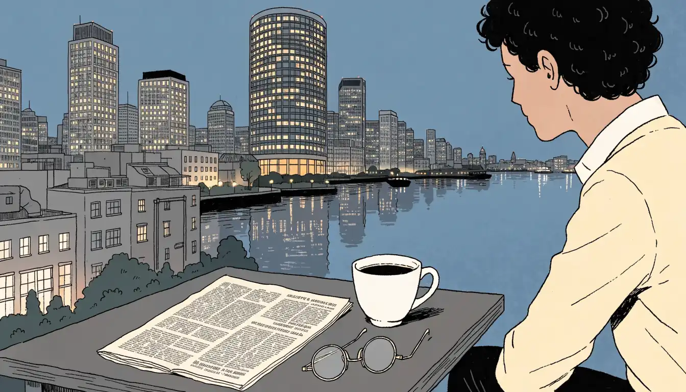 London riverside evening scene with a coffee cup, glasses, and newspaper on a table.