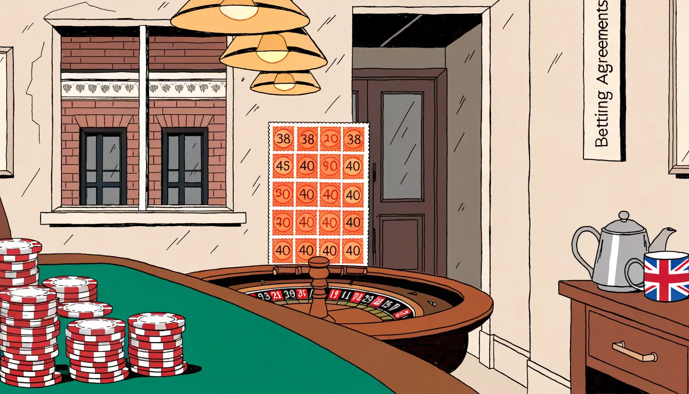 Traditional British betting shop interior with a roulette wheel and poker chips under warm lighting.