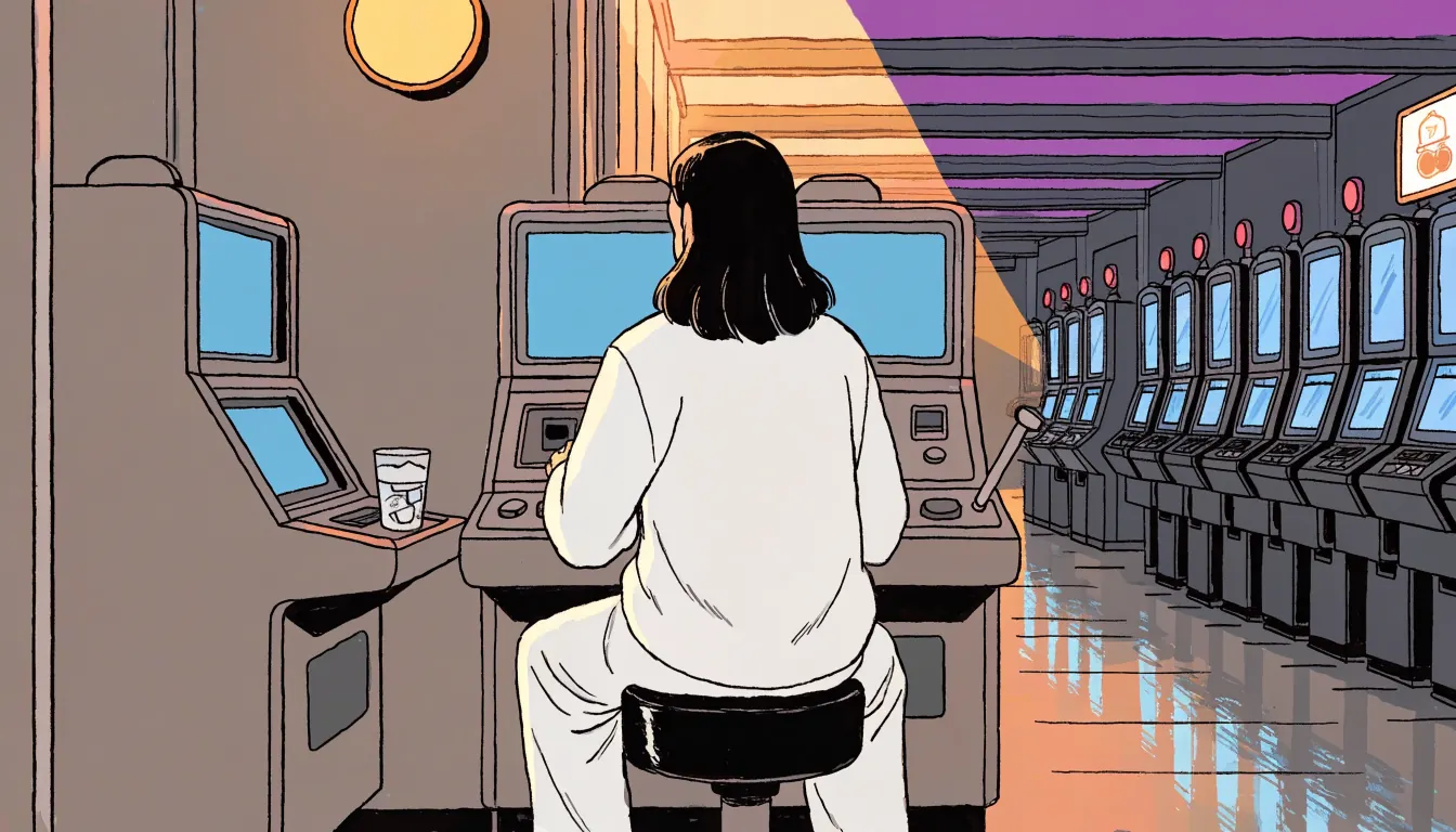 Person sitting at a slot machine inside a British gaming arcade under neon lighting