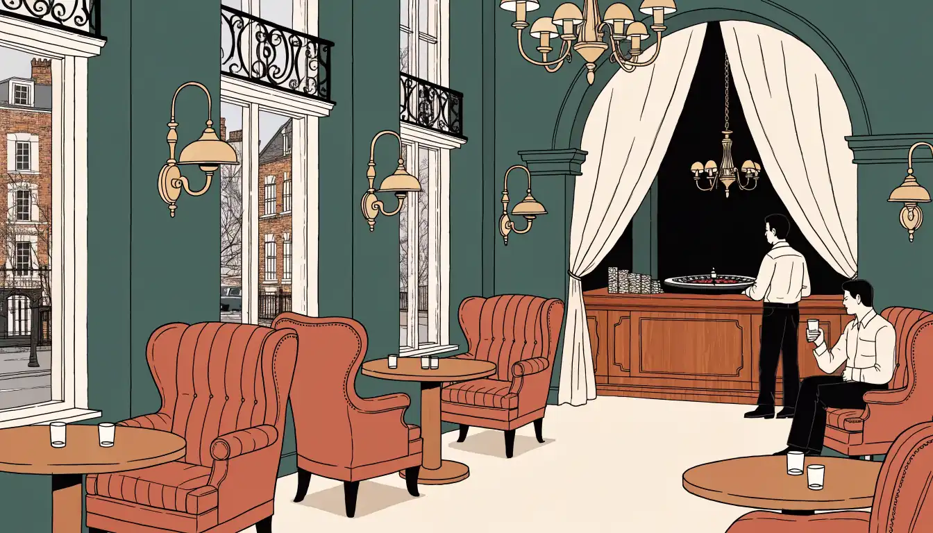 British casino lounge with green walls, leather chairs, chips, and a roulette wheel by the window