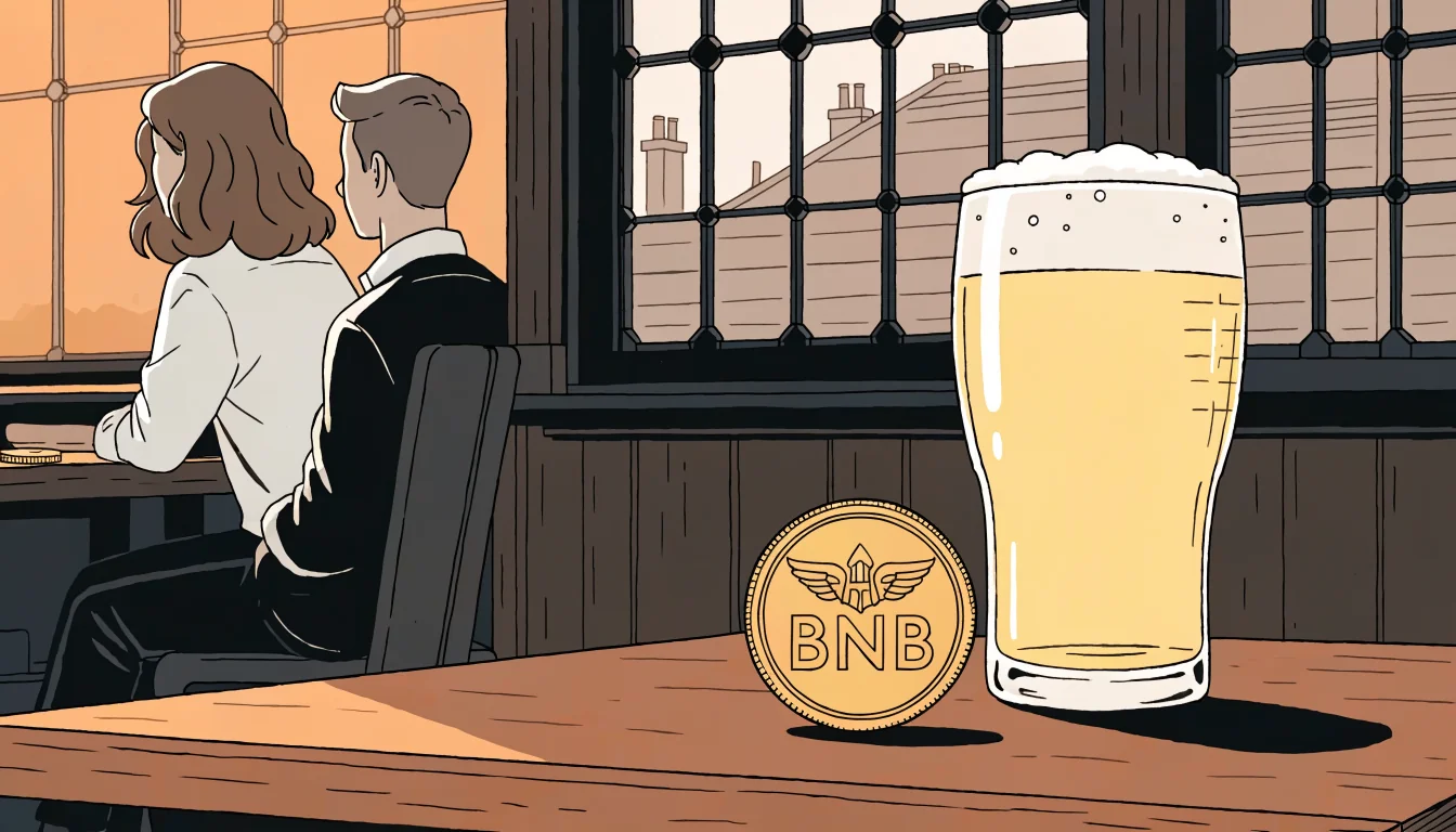 Golden BNB coin on a wooden pub table beside a half-full British pint glass.
