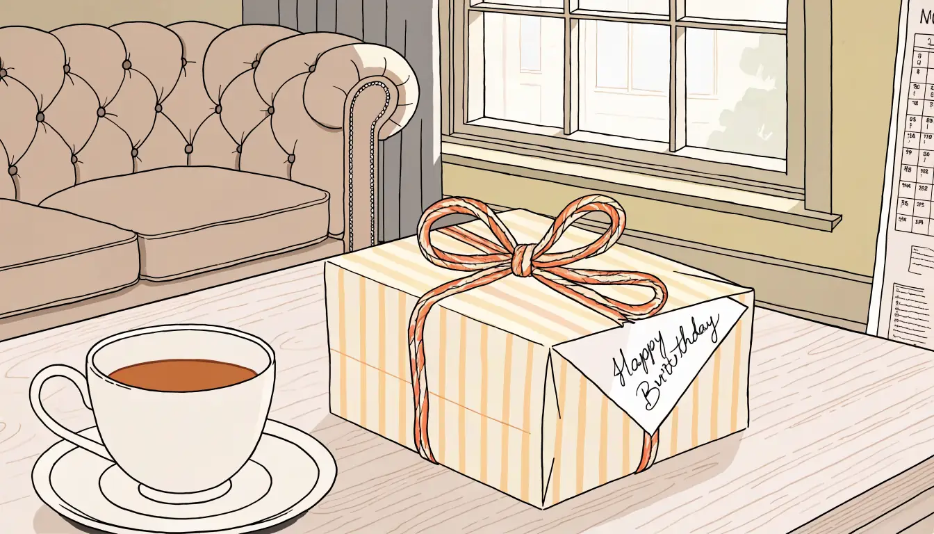 Birthday gift box with ribbon on a table in a British living room
