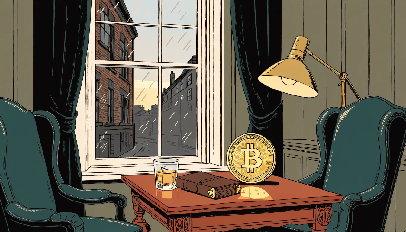 Traditional British club interior featuring a Bitcoin Cash coin on a mahogany table beside a rain-streaked London window.
