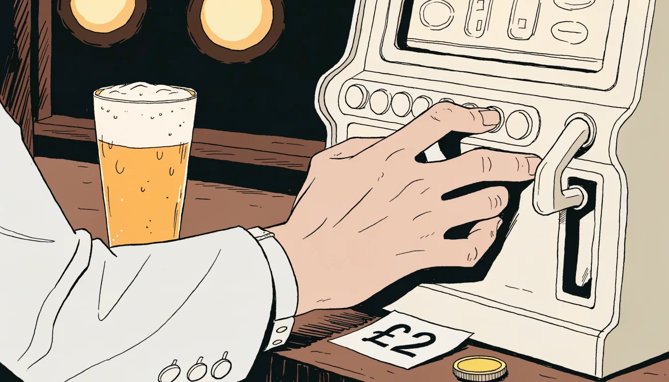 Hand near a price tag beside a slot machine in a dim UK pub setting