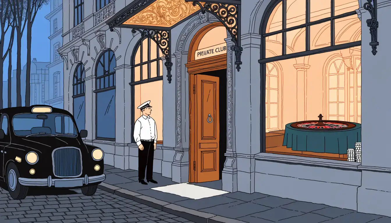 London private club exterior at dusk with warm glowing windows, chips, a roulette wheel, and a black cab outside.