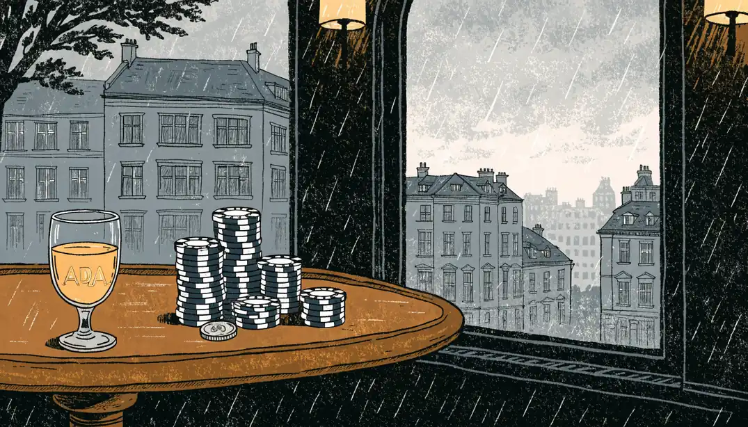 Casino table with chips and ADA-themed coin beside a rain-streaked British city window at dusk.