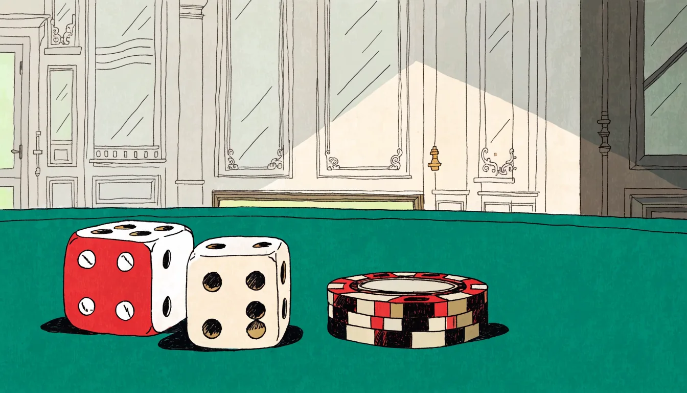 Casino dice and chips on a green felt table in an elegant British gaming room.