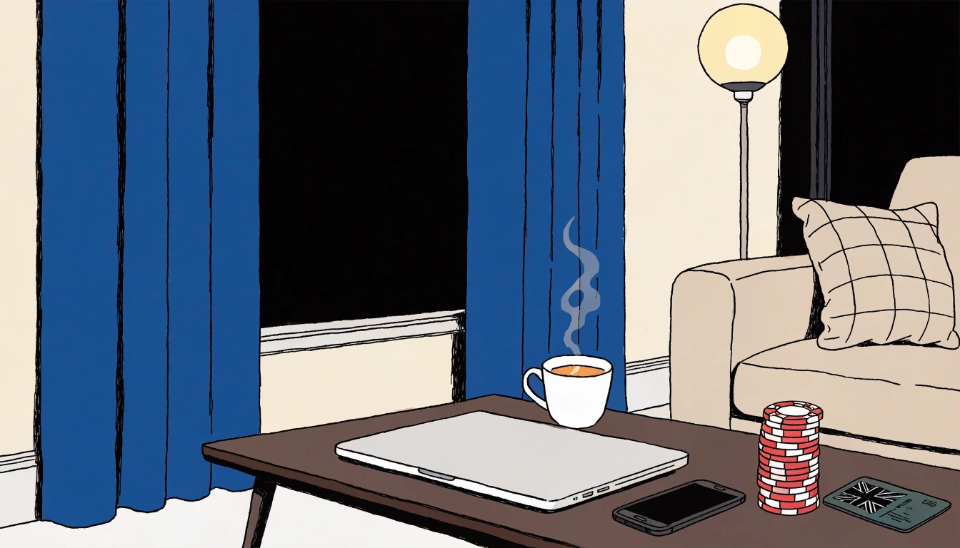 British living room scene suggesting online casino play without showing ID documents.