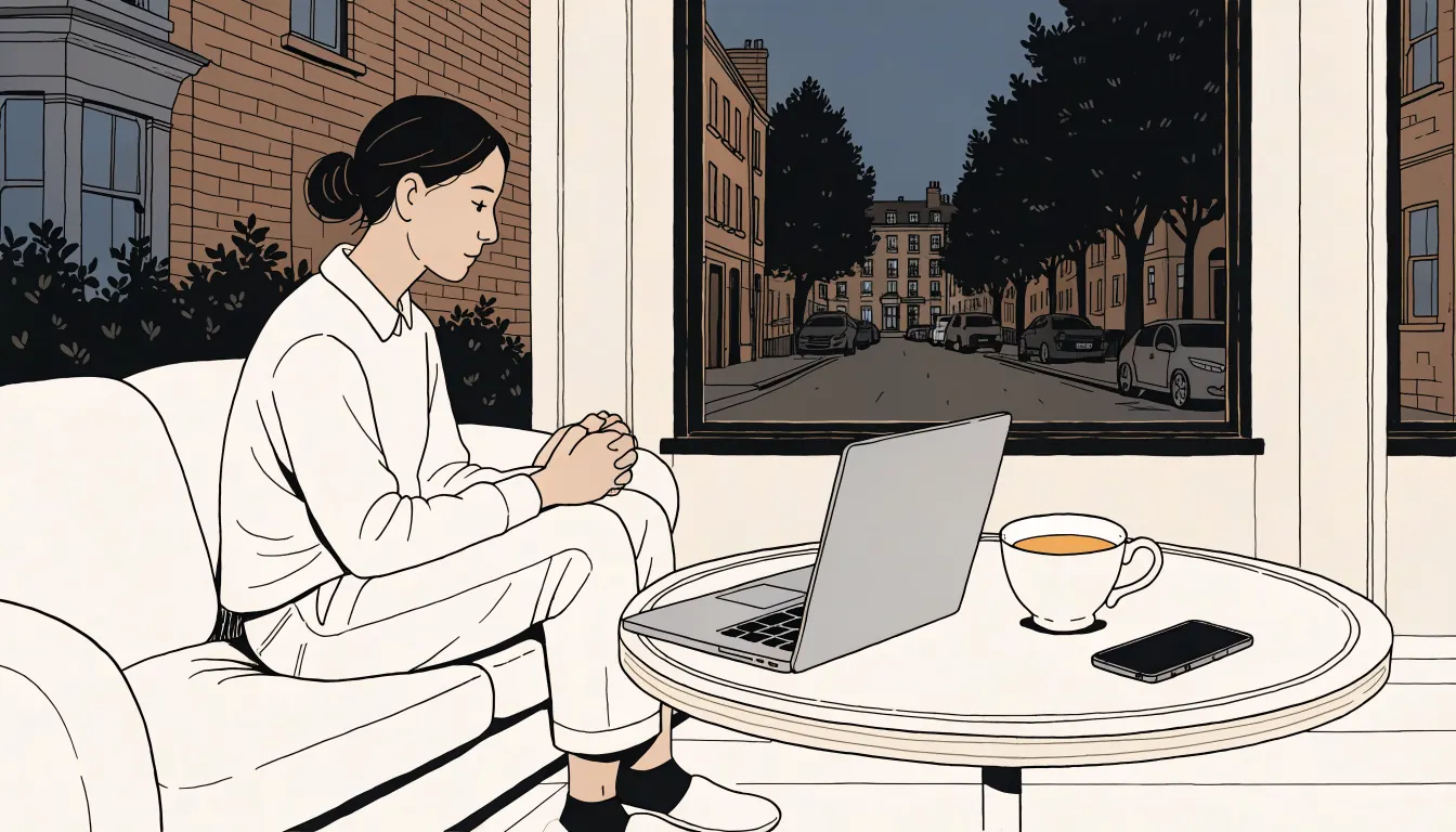 Person beside a closed laptop in a UK home at evening