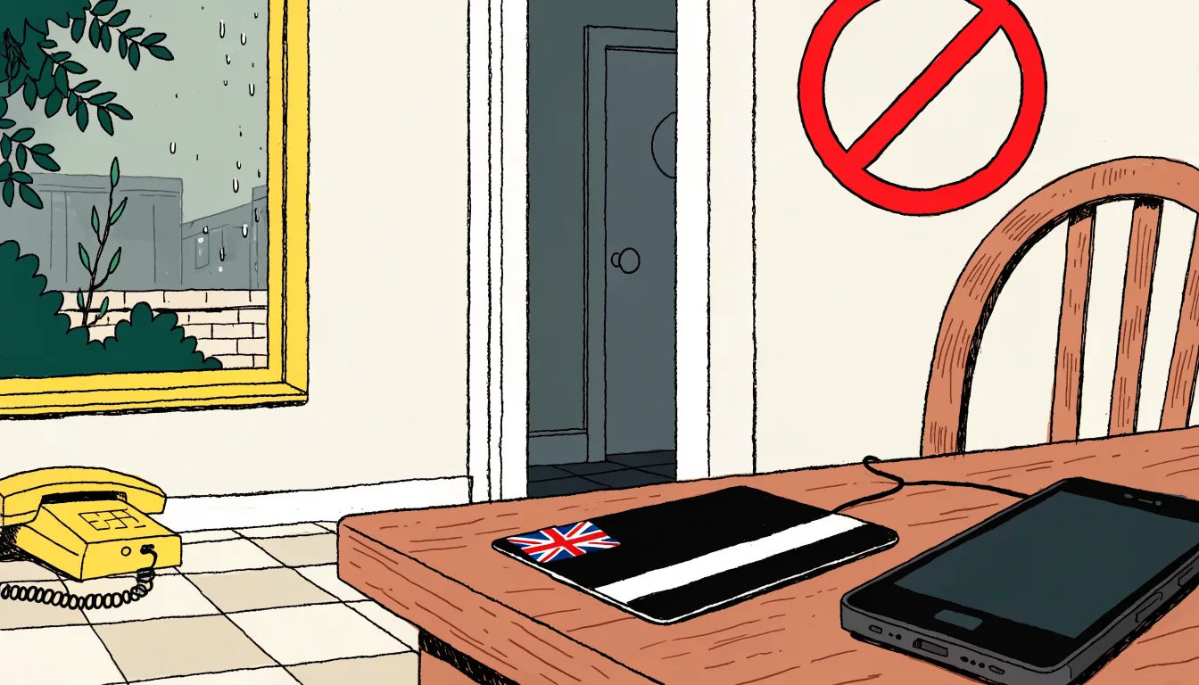Credit card, smartphone and prohibition sign in a British home office