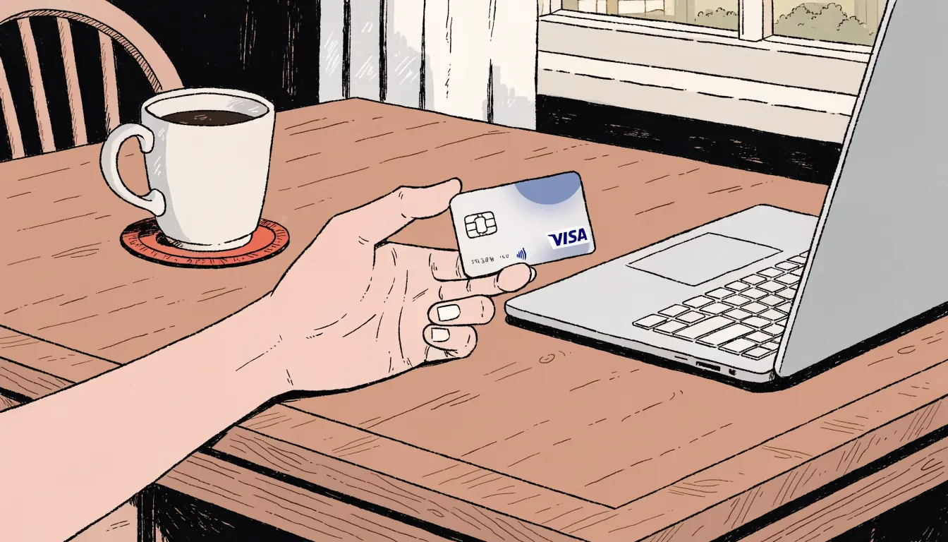 Hand holding a Visa debit card beside a laptop in a UK home.