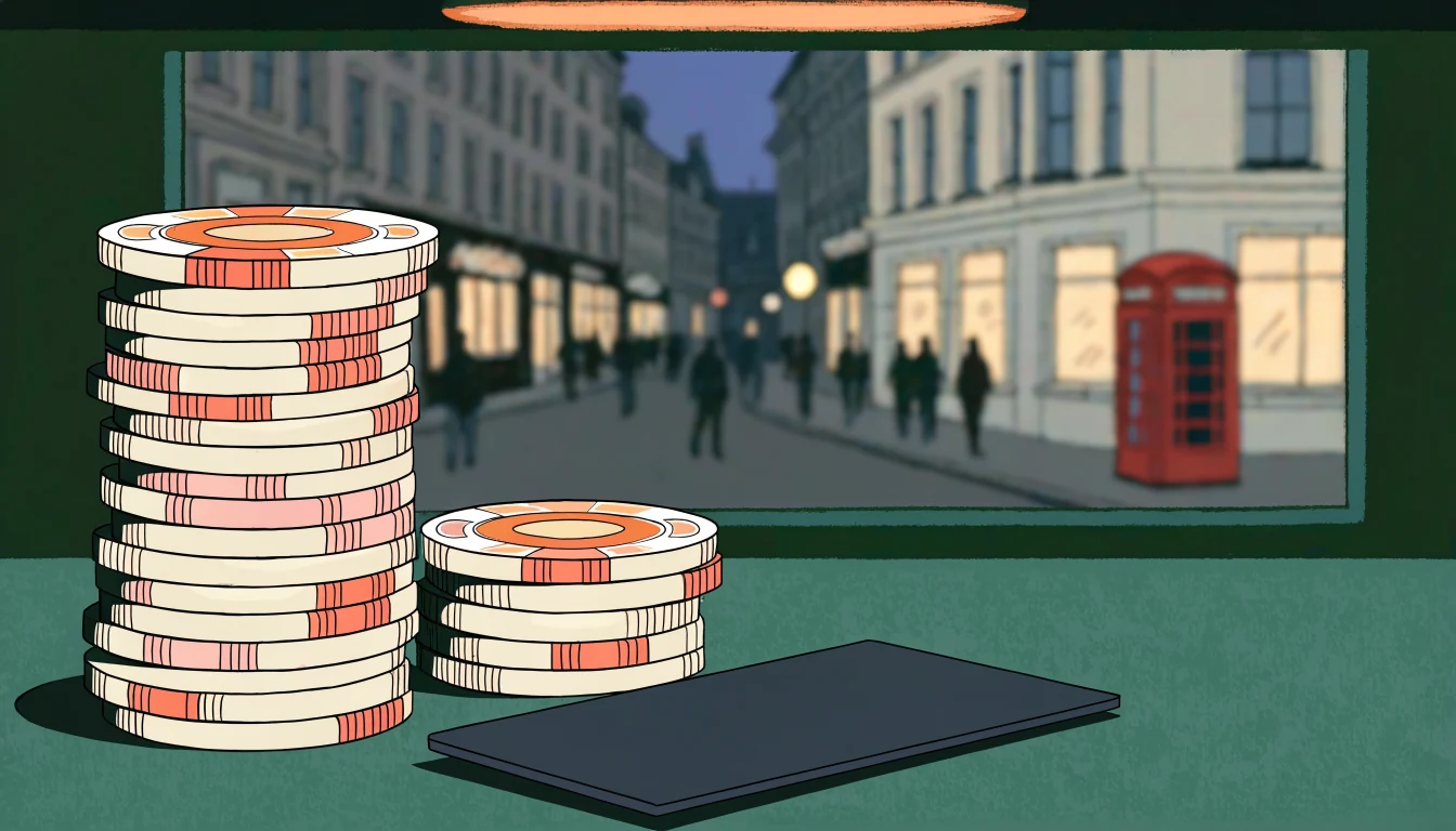 Casino chips stacked on felt next to a payment card, blurred London street behind.