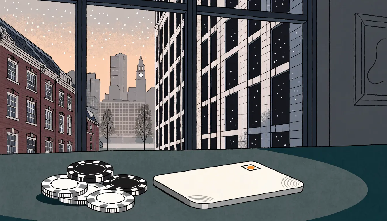 Casino chips and e-wallet card on felt with London skyline outside window