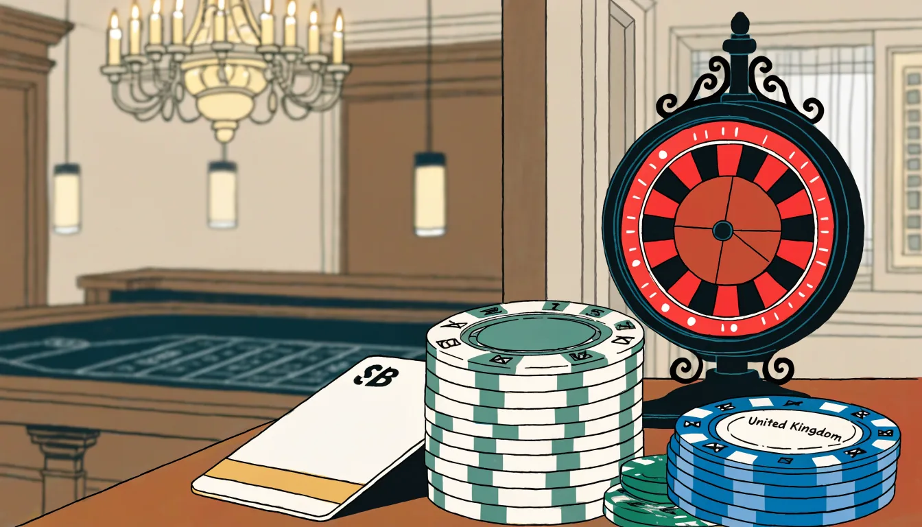 A bank card on green felt with casino chips and a roulette wheel in an elegant British casino interior.