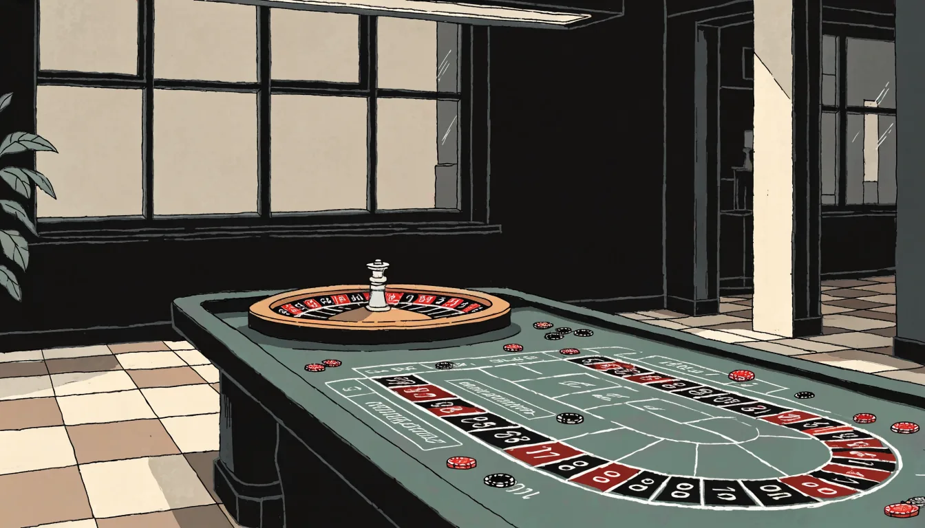 Dim casino lounge with a roulette table and idle wheel