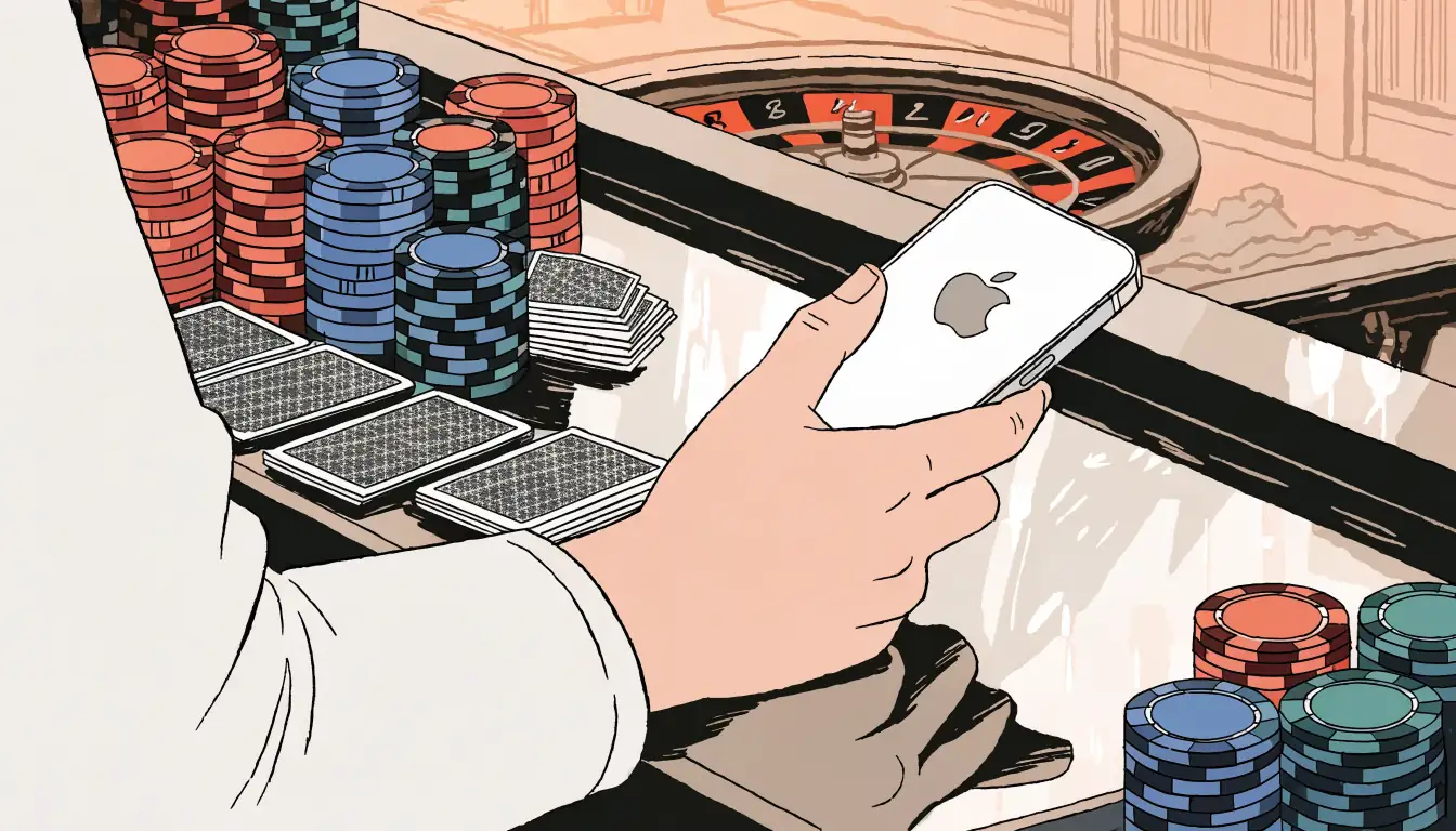 Hand holding iPhone above UK casino cashier counter with poker chips on green felt